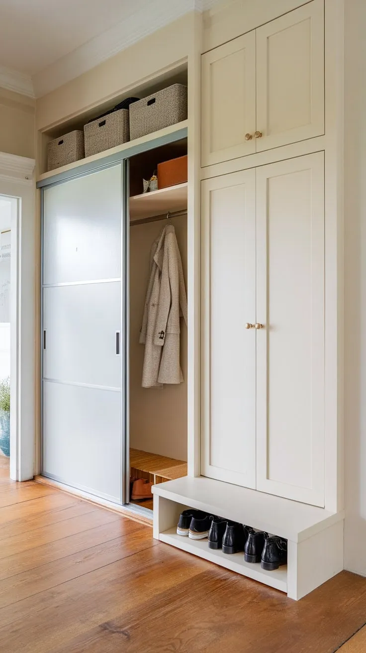 A serene Japandi foyer boasts a built-in, space-saving cabinet and wardrobe for streamlined storage and a minimalist aesthetic