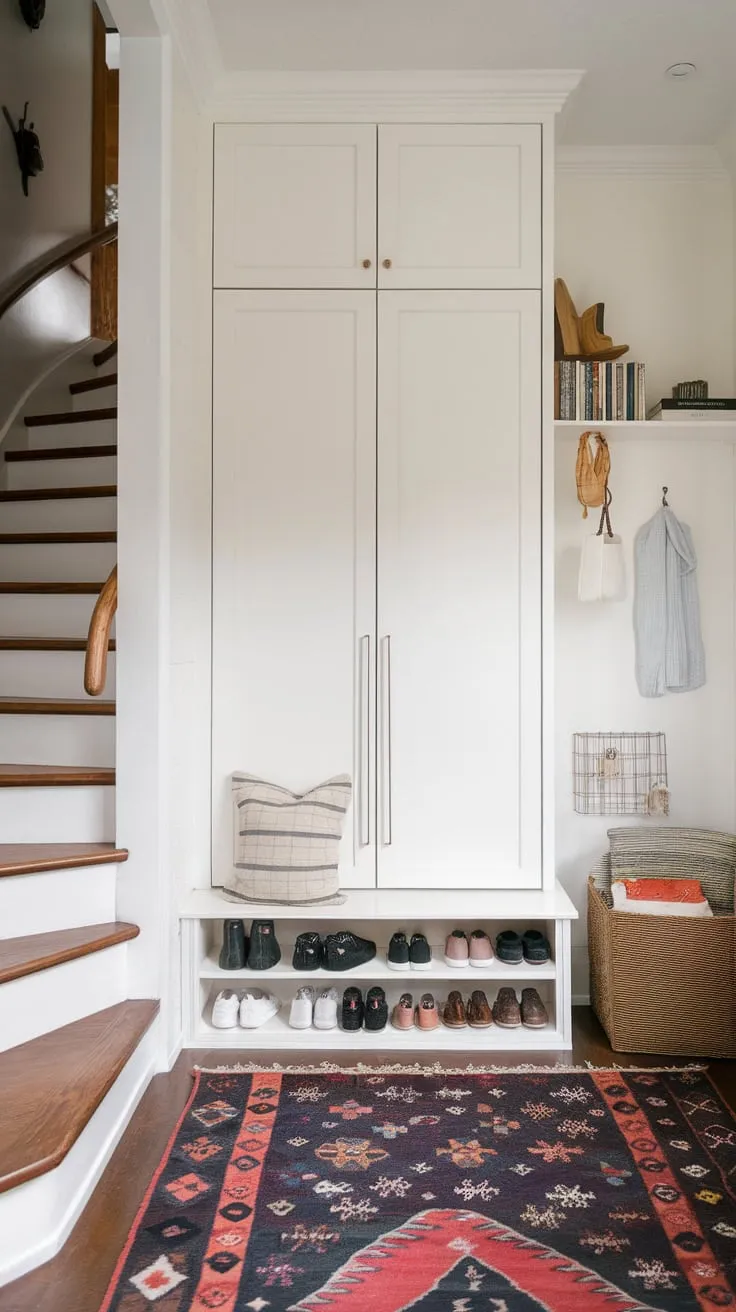 A serene Japandi foyer boasts a built-in cabinet combining minimalist shoe storage and wardrobe space, complemented by a chic rug and wooden staircase in a bright white setting