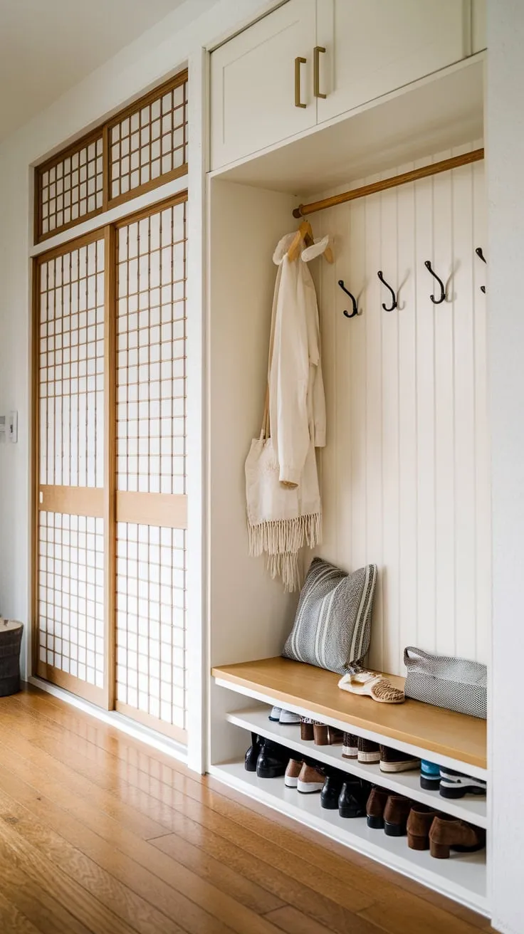 A minimalist Japandi foyer boasts built-in storage, seamlessly blending functionality and understated elegance with wood flooring and clean lines
