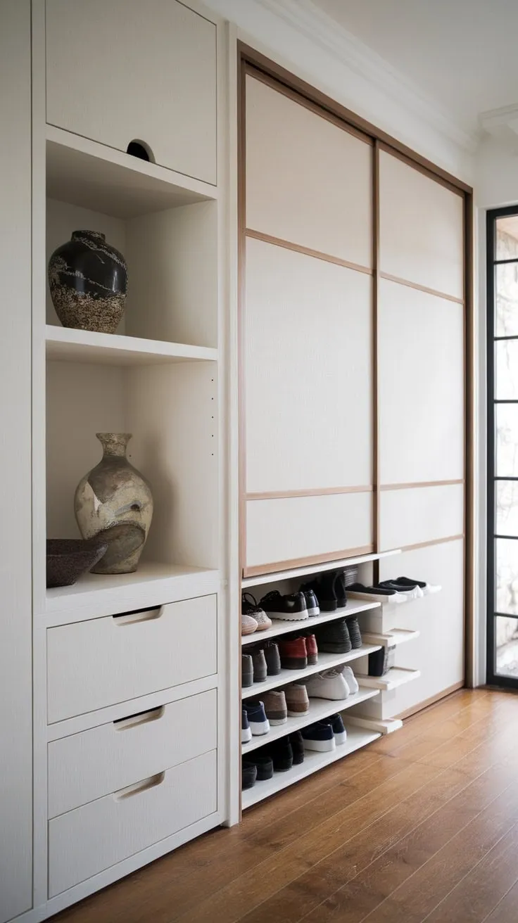 A serene Japandi foyer boasts built-in storage—cabinet, shoe rack, and wardrobe—all seamlessly integrated within a minimalist wood-floored space