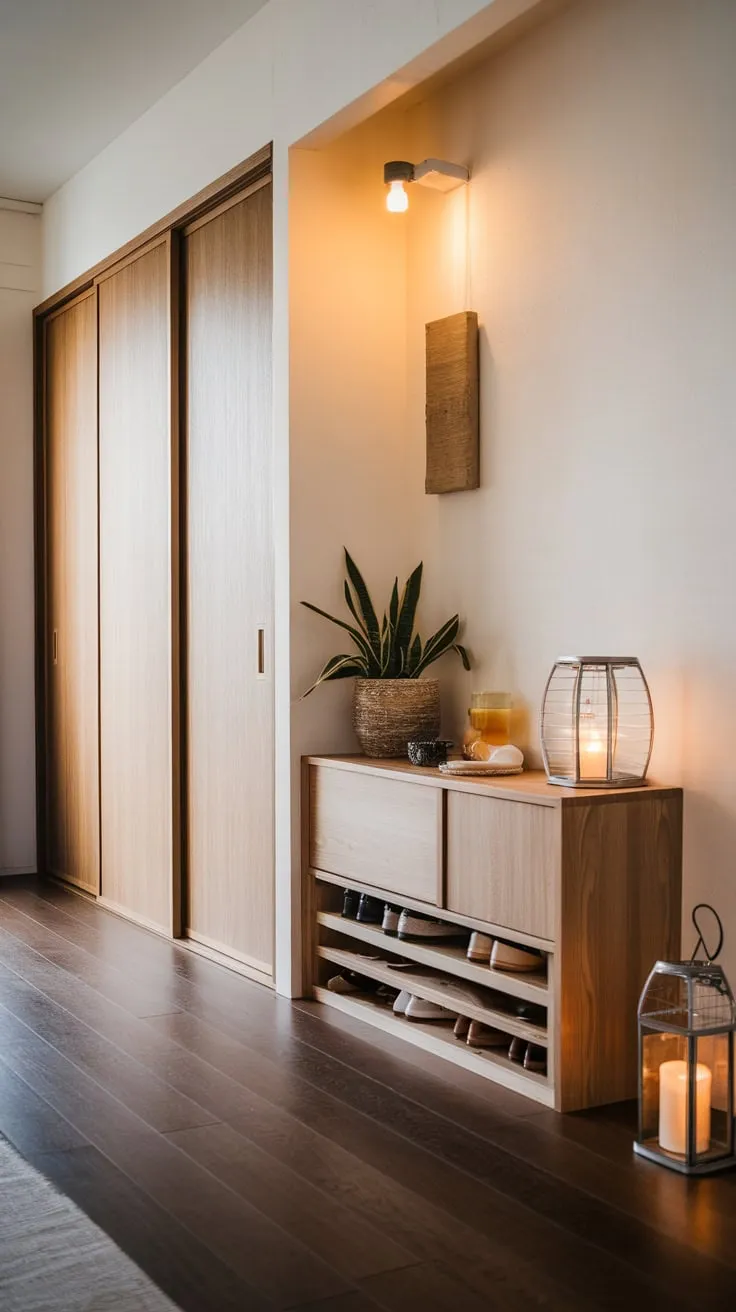 Warm lighting and natural accents highlight a functional yet stylish Japandi foyer featuring a built-in cabinet, wooden wardrobe, and dark wood floors.