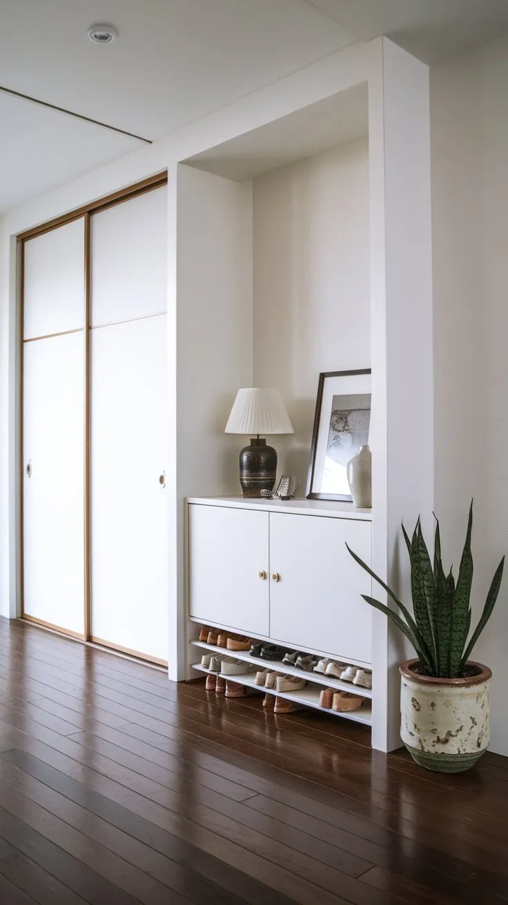 A serene Japandi foyer boasts minimalist storage, natural wood floors, and carefully curated décor for a calm and uncluttered entryway