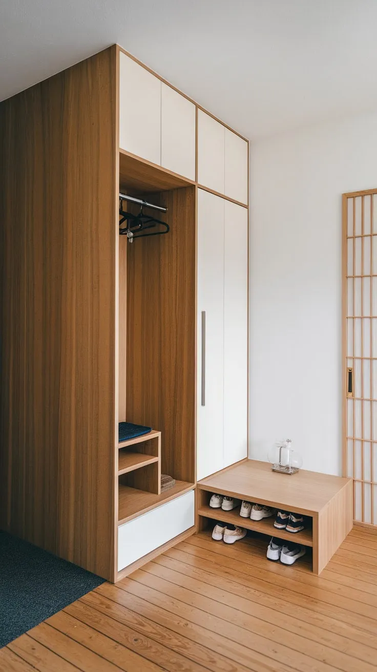 A serene Japandi foyer boasts built-in storage and clean lines, harmoniously blending wood and white for a minimalist yet functional entryway