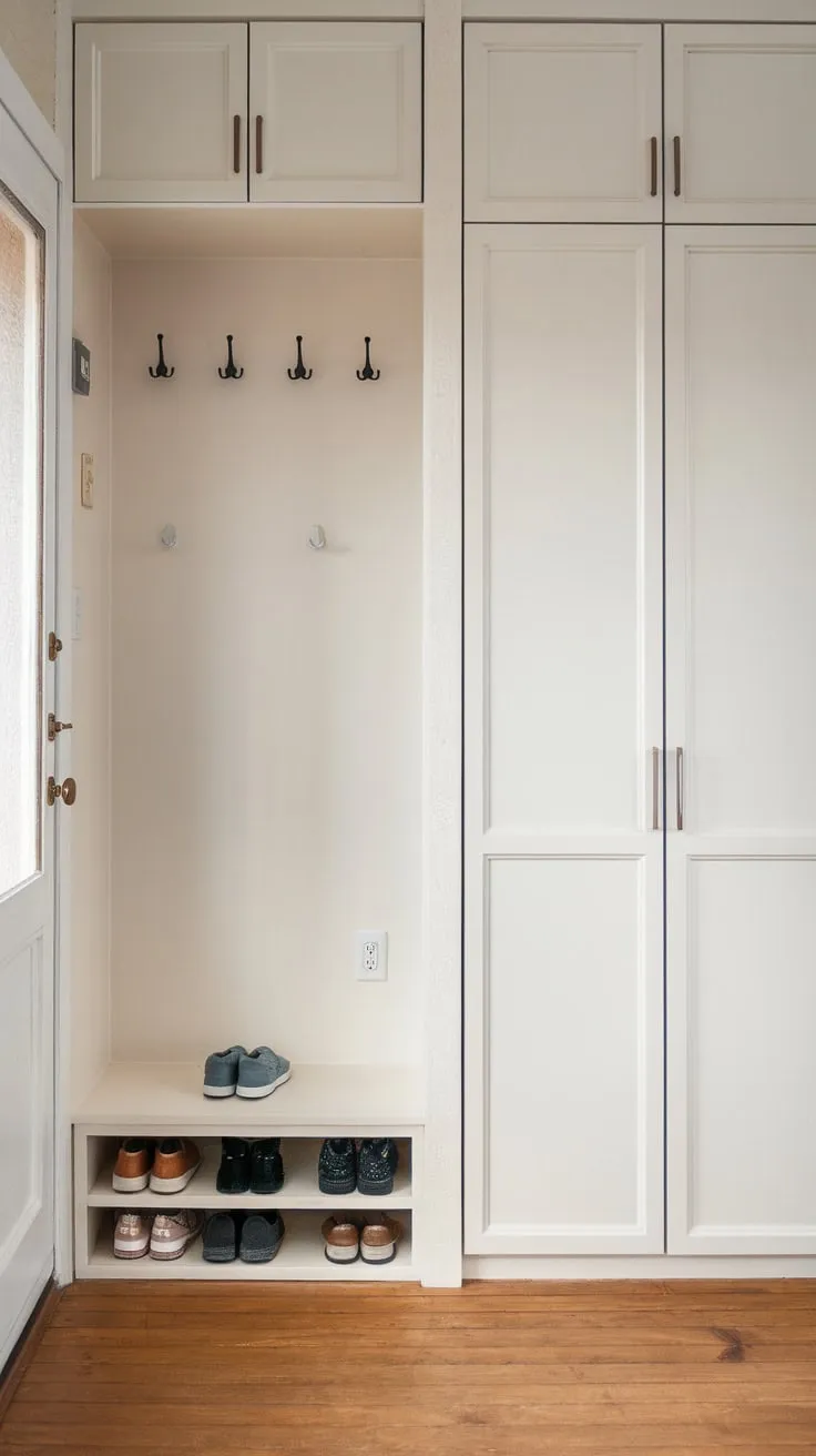 A light and airy Japandi foyer boasts built-in storage, seamlessly blending minimalist design with practical functionality