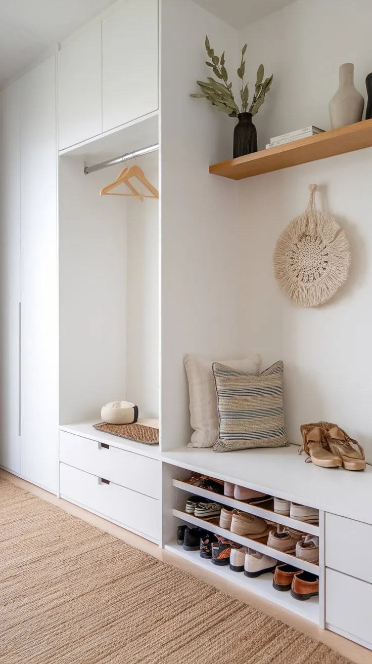 A minimalist Japandi foyer boasts a built-in cabinet and wardrobe, jute rug, and wooden shelving, seamlessly blending Japanese simplicity with Scandinavian functionality.