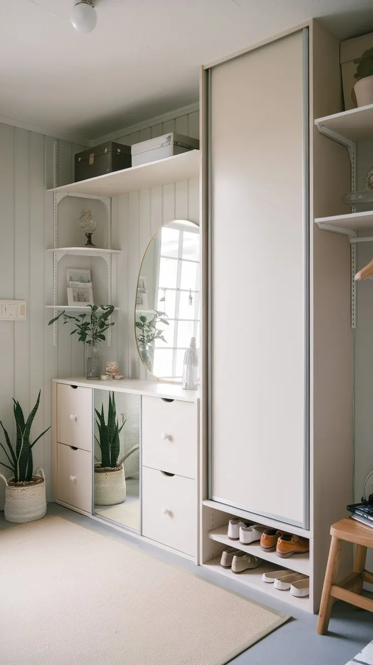 A functional yet stylish Japandi foyer features integrated cabinetry, subtle accessories, and a neutral color scheme for a peaceful and organized entrance.