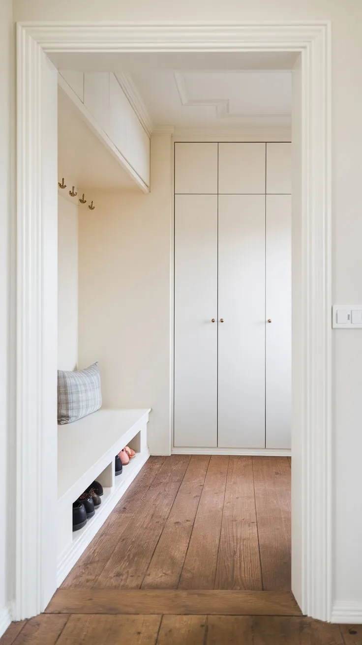 A serene Japandi foyer boasts minimalist built-in storage, seamlessly blending clean white walls and warm wood floors for a welcoming entrance