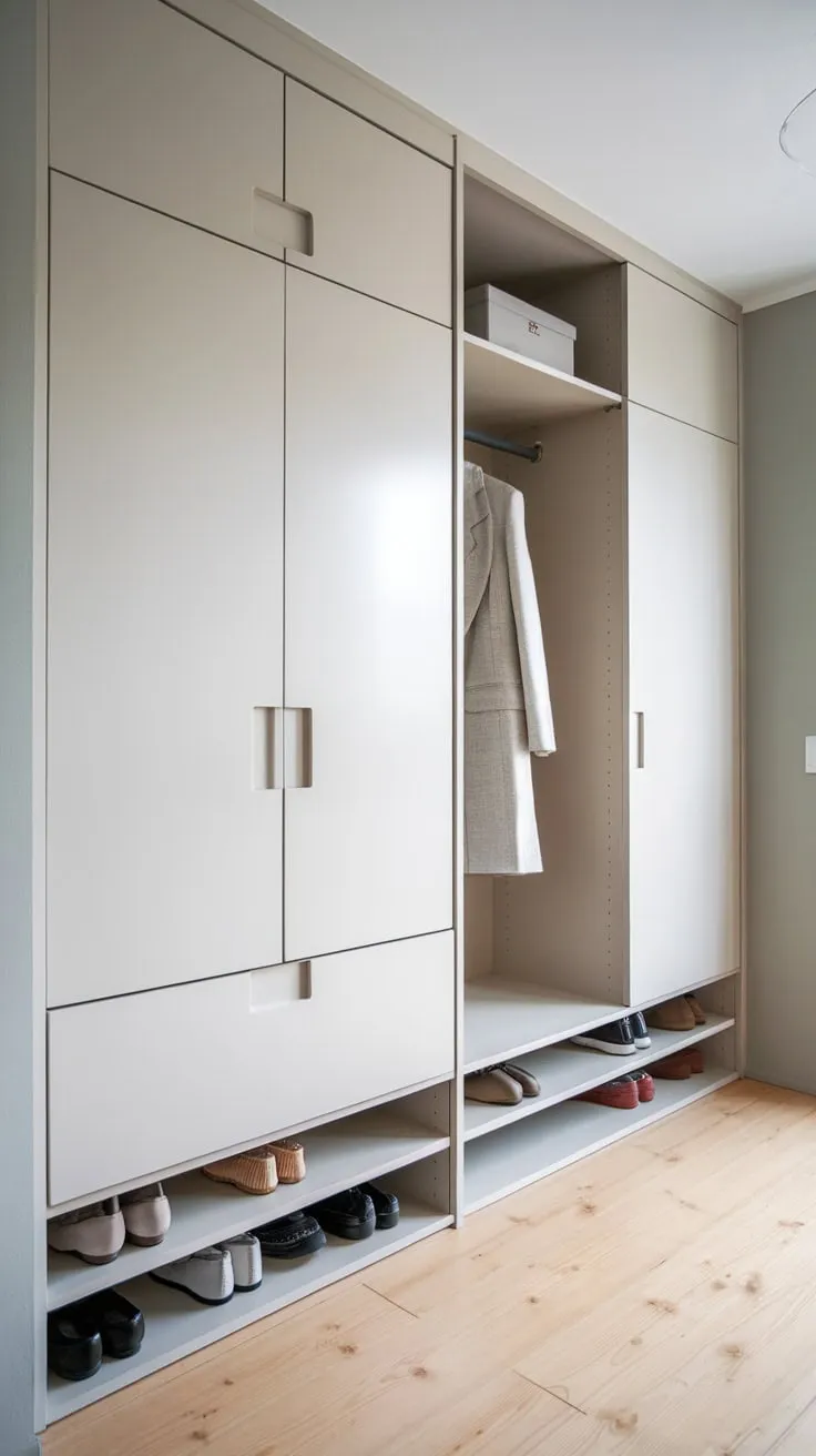 Light wood floors and soft grey walls create a calming Japandi foyer featuring a space-saving built-in cabinet and wardrobe for shoes and coats.