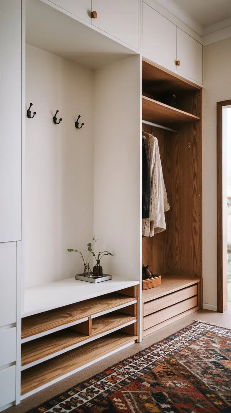 A calming Japandi entryway features a white cabinet with wooden shelves, a wooden wardrobe, and subtle lighting creating a functional yet stylish space.