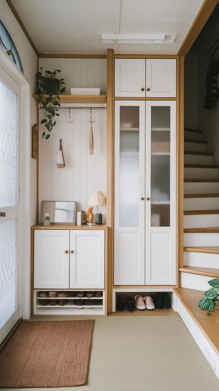 Clean lines and a blend of wood and white create a tranquil Japandi foyer with practical built-in cabinetry and understated elegance.