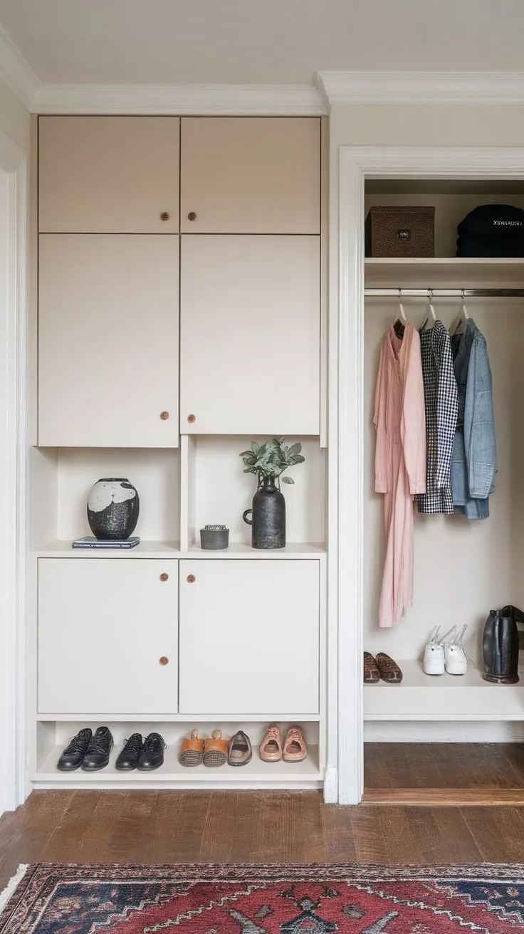 Clean white walls and a simple rug complement the built-in cabinet and wardrobe in this calming Japandi foyer entryway.
