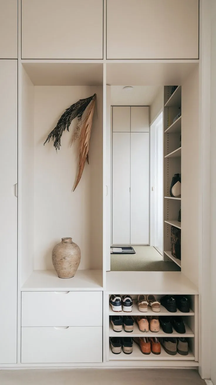 A serene Japandi foyer boasts minimalist built-in storage, showcasing simple elegance and functionality