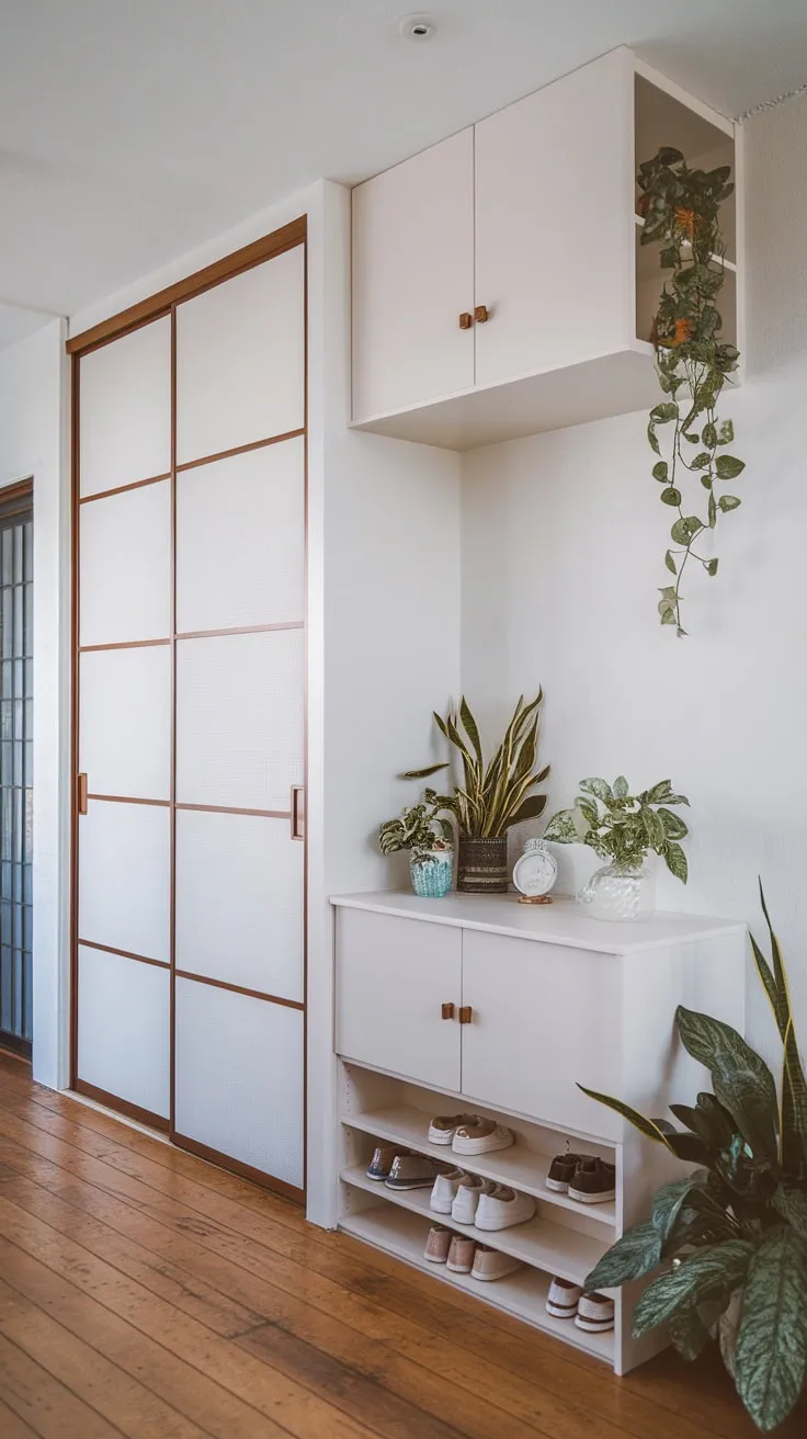 A serene Japandi foyer boasts a built-in cabinet and sliding-door wardrobe, complemented by minimalist shoe storage, wood floors, white walls, and calming greenery.