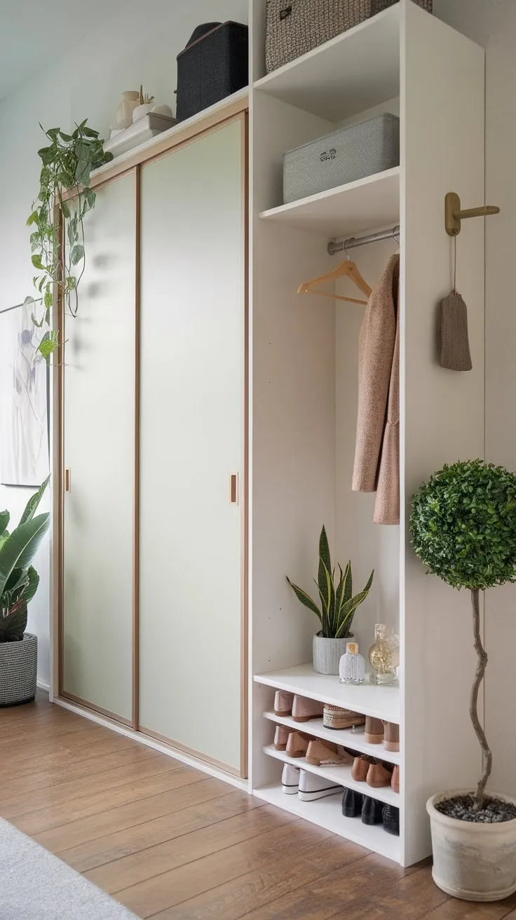 Light-filled and functional, a Japandi foyer features a built-in cabinet and wardrobe, showcasing understated elegance and natural elements.