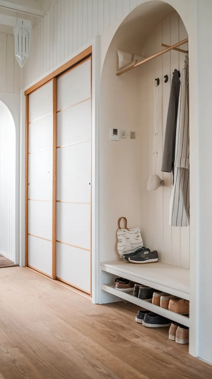 A minimalist Japandi foyer boasts a built-in shoe cabinet and sliding-door wardrobe, showcasing Scandinavian simplicity within a light and airy wooden-floored space