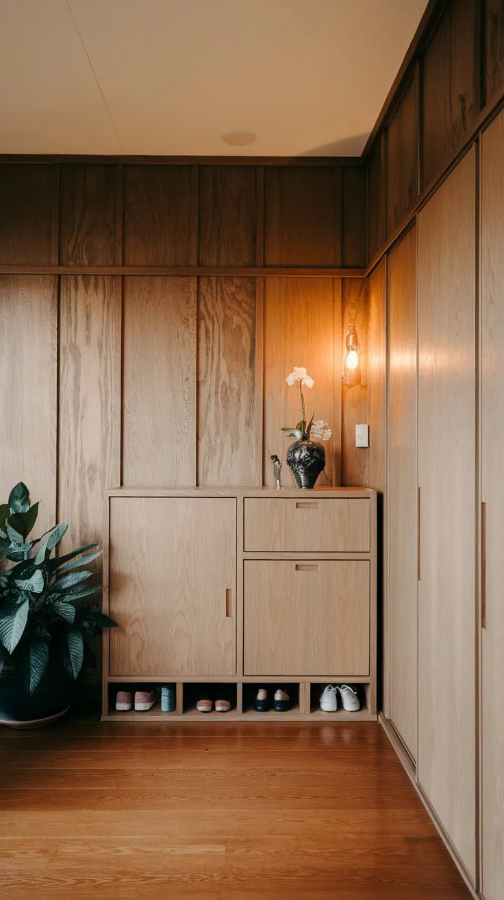 A warm-lit Japandi foyer boasts minimalist built-in storage, hardwood floors, and wood paneling, creating a serene and functional entryway