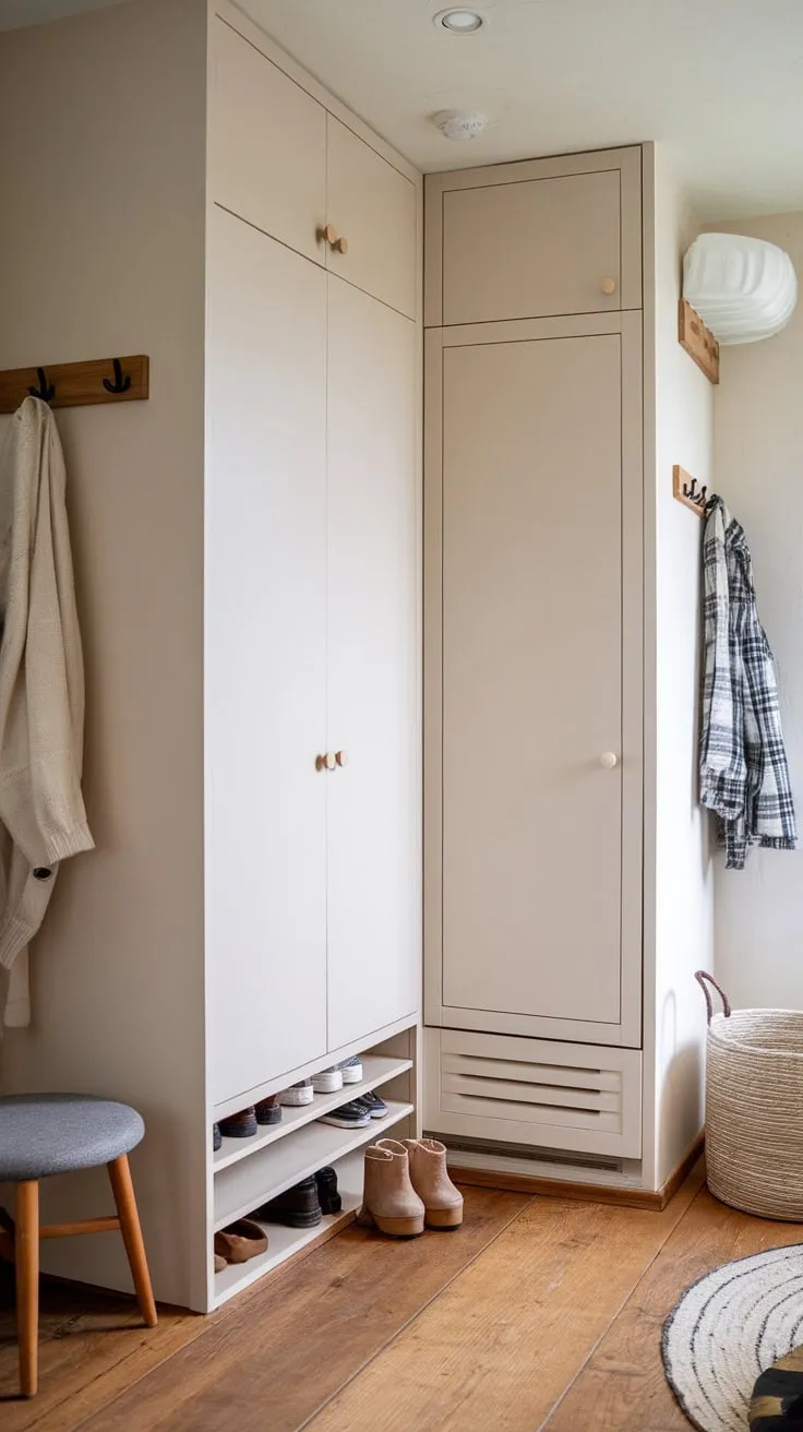 Clean lines and a simple palette define this Japandi foyer's built-in cabinetry and wardrobe, creating a calm and functional space.