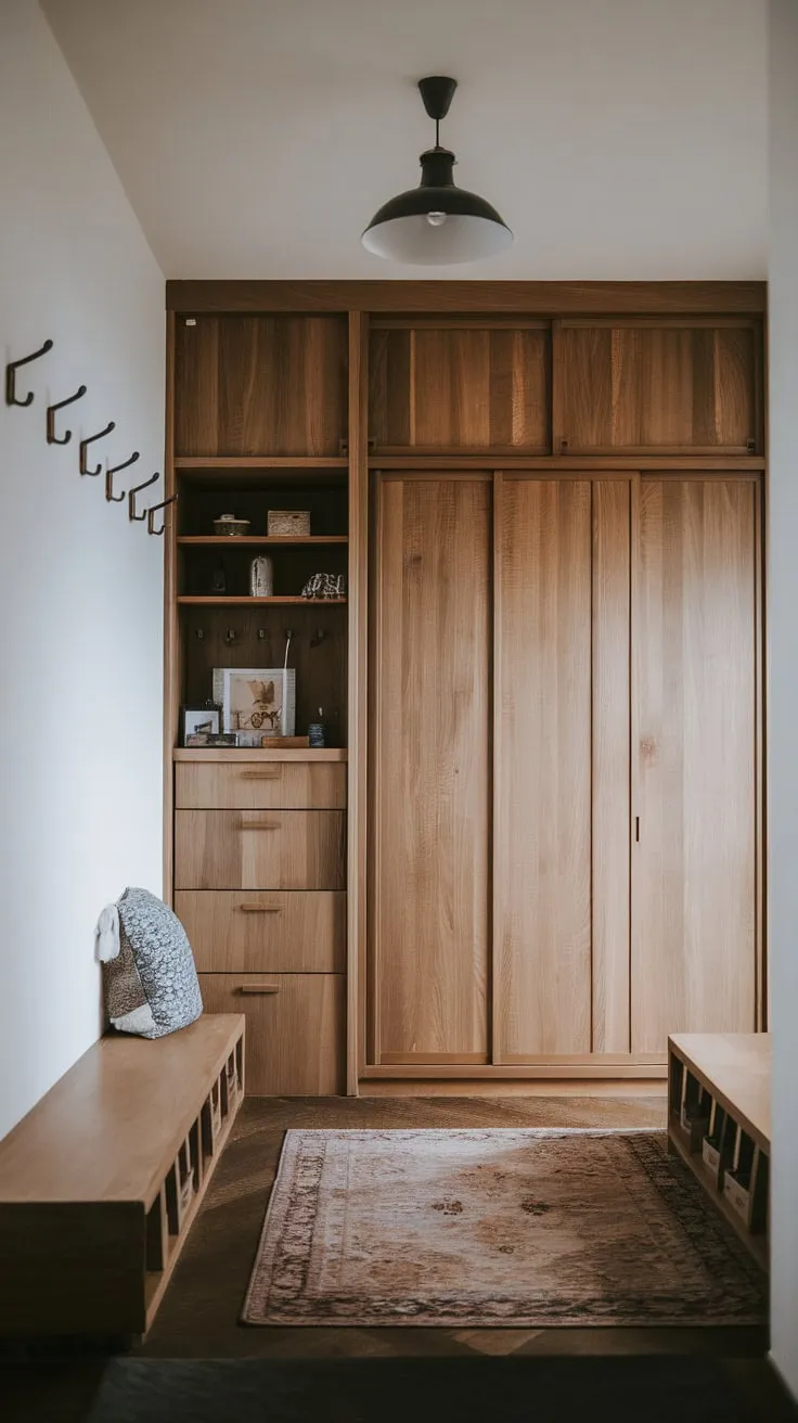 Clean lines and natural wood define this Japandi foyer's built-in storage and minimalist design, illuminated by a single pendant light.