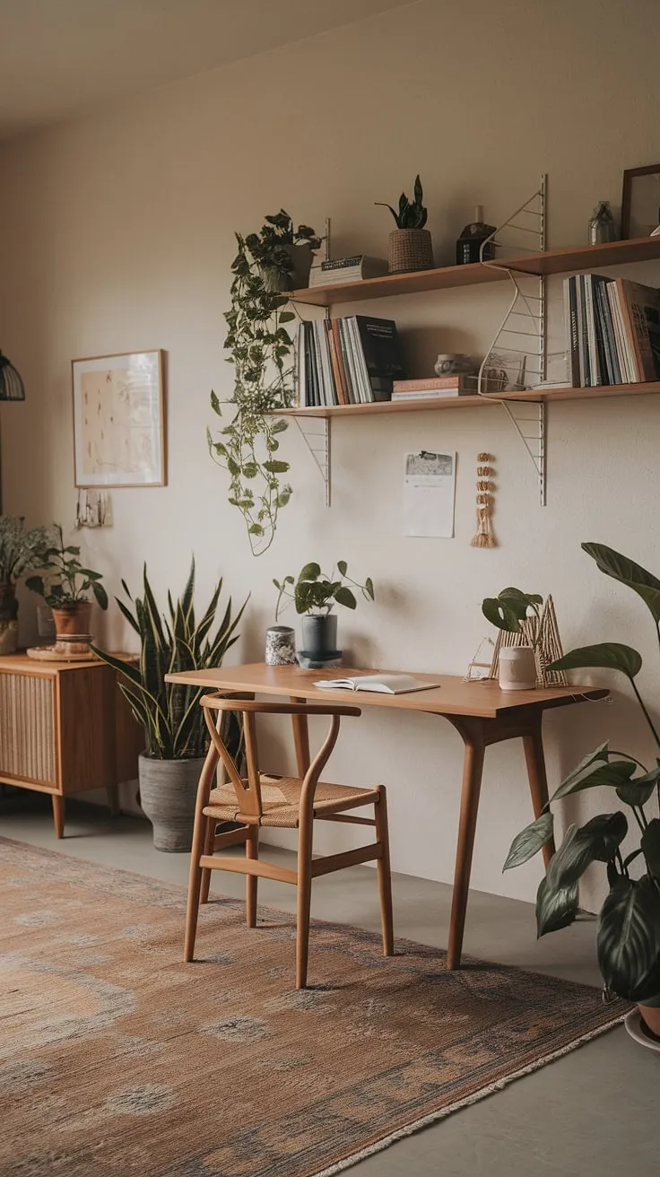 This japandi home office showcases a warm minimalist design with natural materials, creating a cozy and clutter-free workspace that embodies modern Japanese and Scandinavian aesthetics.