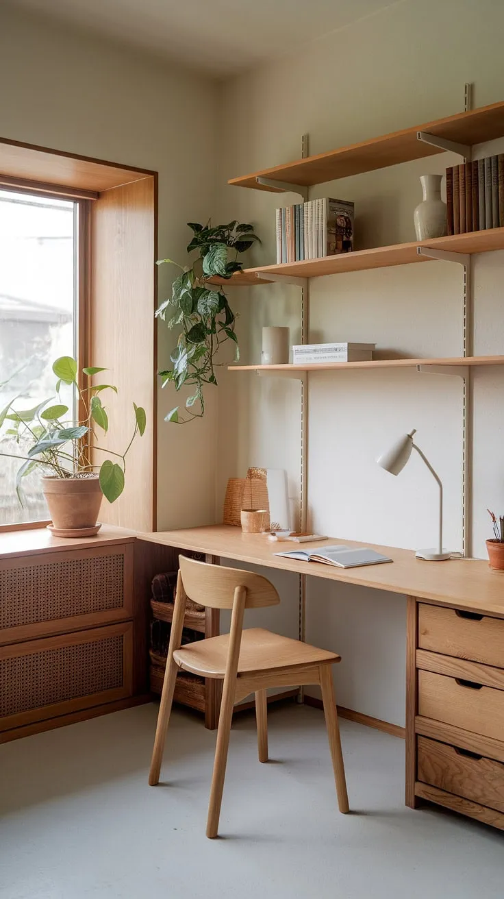 A Japandi home office showcases a minimalist design with natural materials, featuring a cozy, clutter-free workspace that embodies warm minimalism and sustainable design.