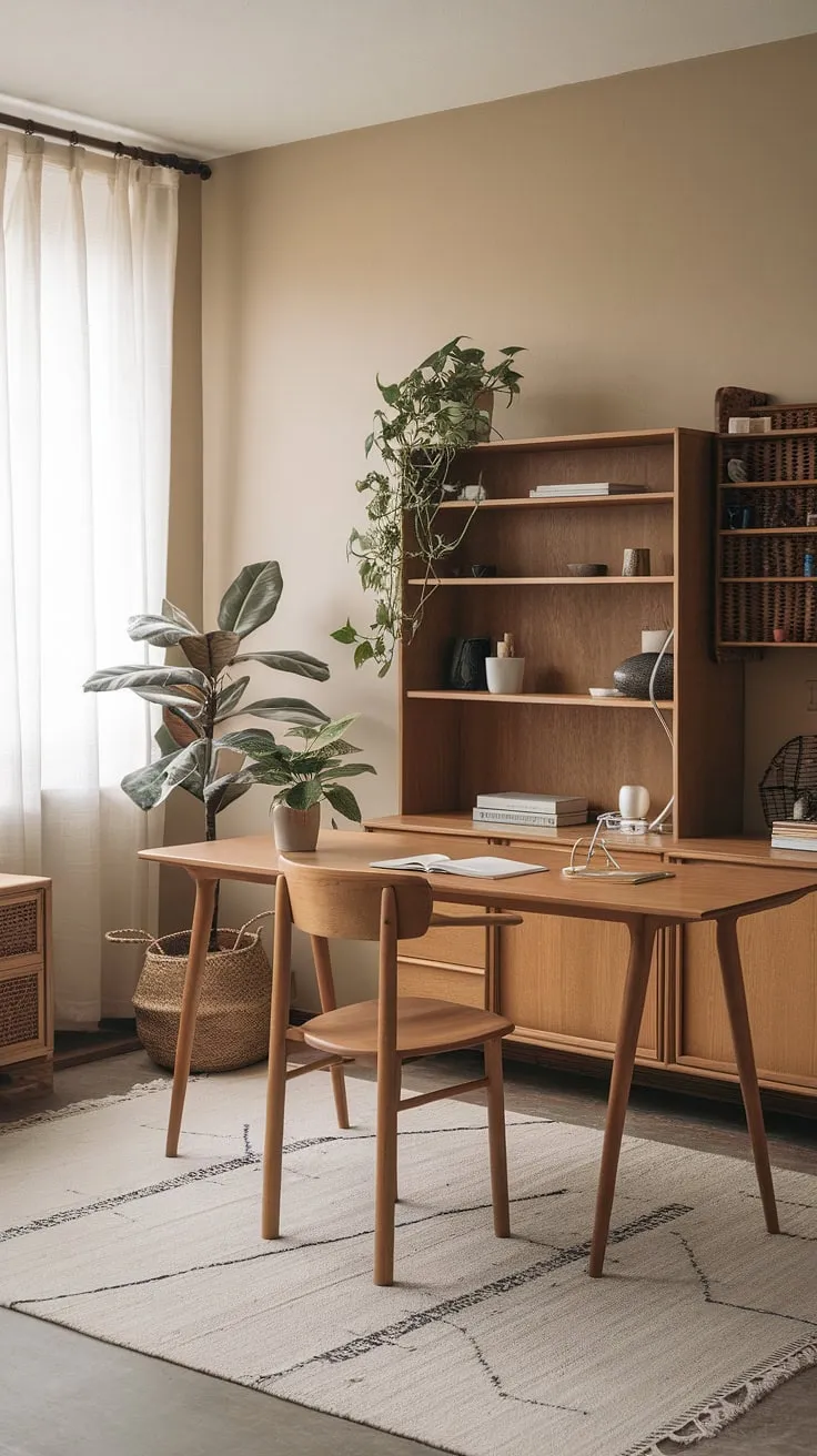 This japandi home office blends minimalist design with Scandinavian influences, featuring natural materials and a cozy, clutter-free workspace that promotes a zen office environment.