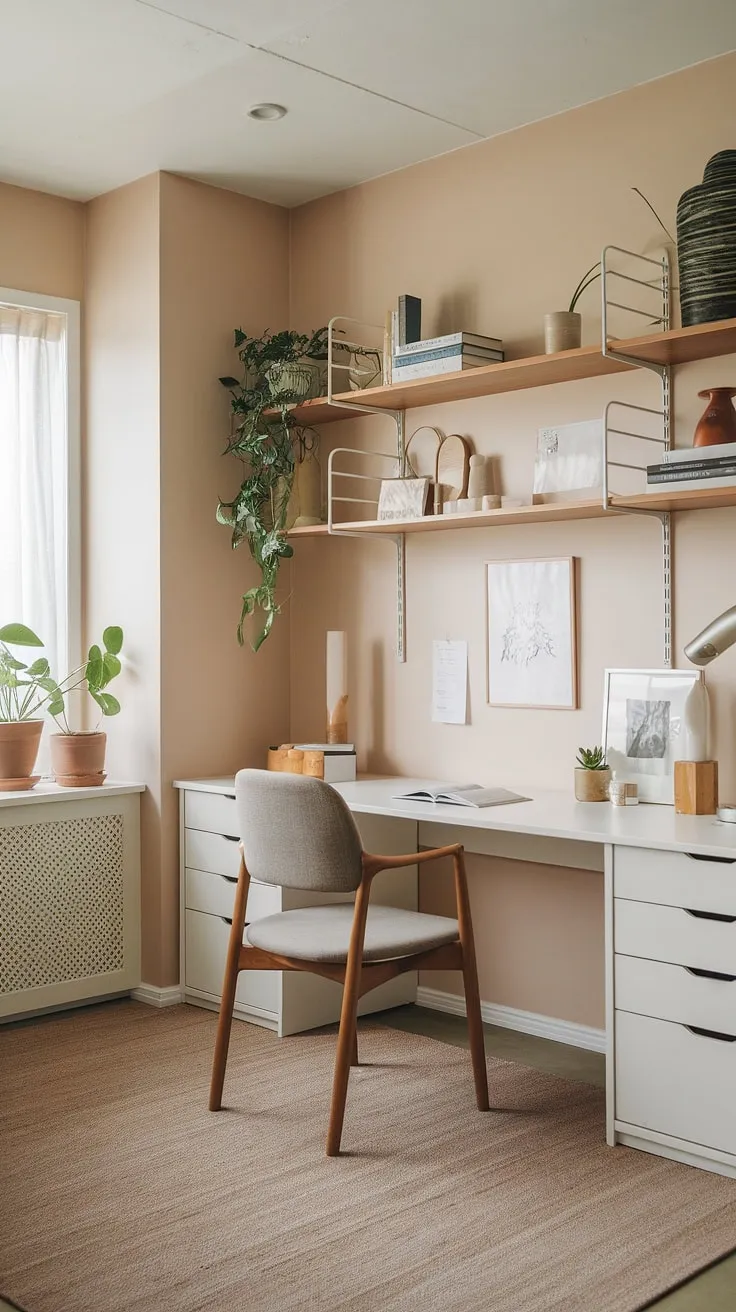 This japandi home office blends minimalist design with Scandinavian influences, featuring natural materials and warm minimalism for a cozy, clutter-free workspace.