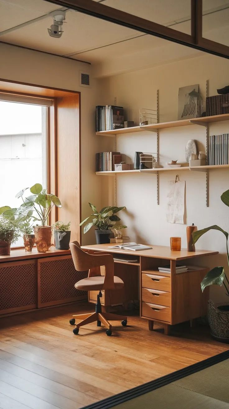 Featuring a harmonious blend of Scandinavian and Japanese interior styles, this modern home office offers a functional workspace adorned with plants and warm colors for a zen office environment.