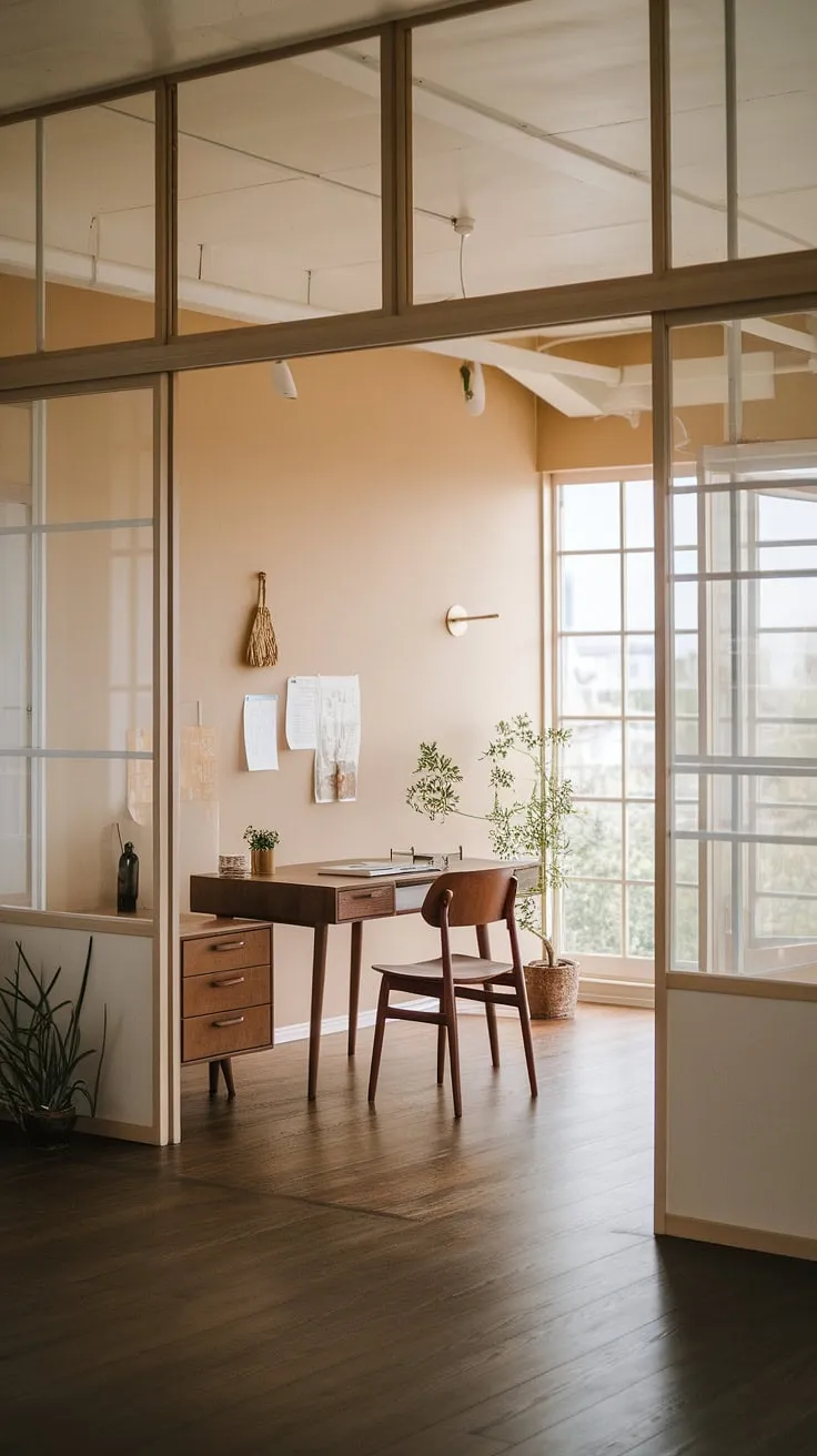 This japandi home office combines minimalist design and Scandinavian influences with natural materials, creating a cozy, clutter-free workspace that promotes a zen office environment.