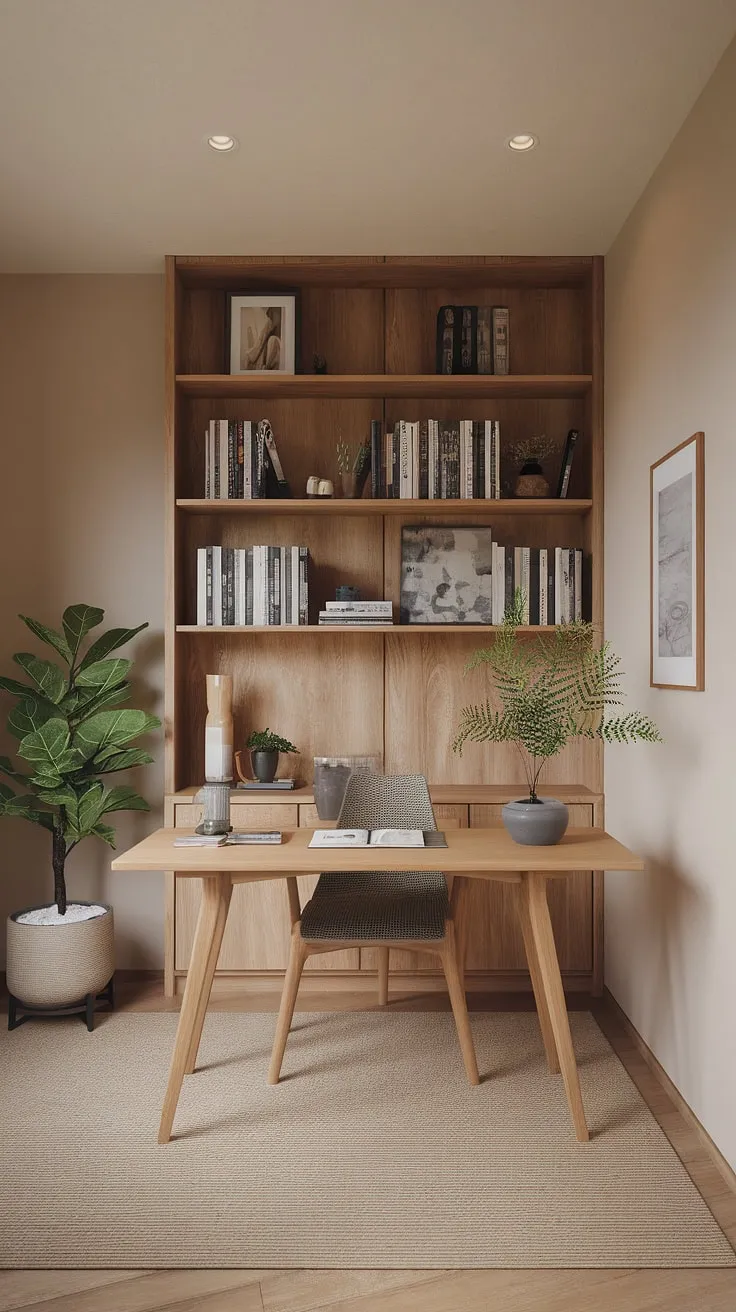This japandi home office showcases a minimalist design with natural materials, creating a cozy and clutter-free workspace that embodies warm minimalism and sustainable design.