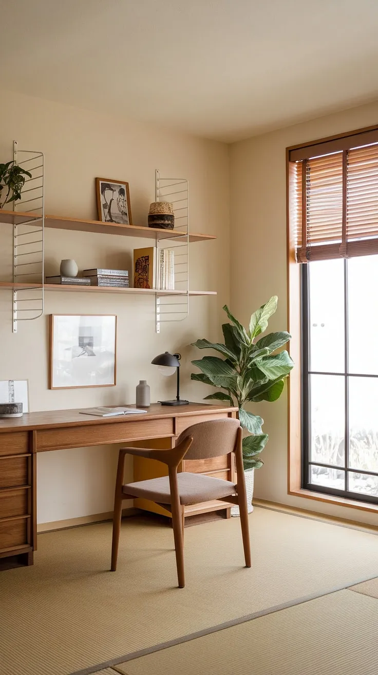 This Japandi home office showcases a minimalist design with natural materials, creating a cozy and clutter-free workspace that embodies warm minimalism and a zen office environment.