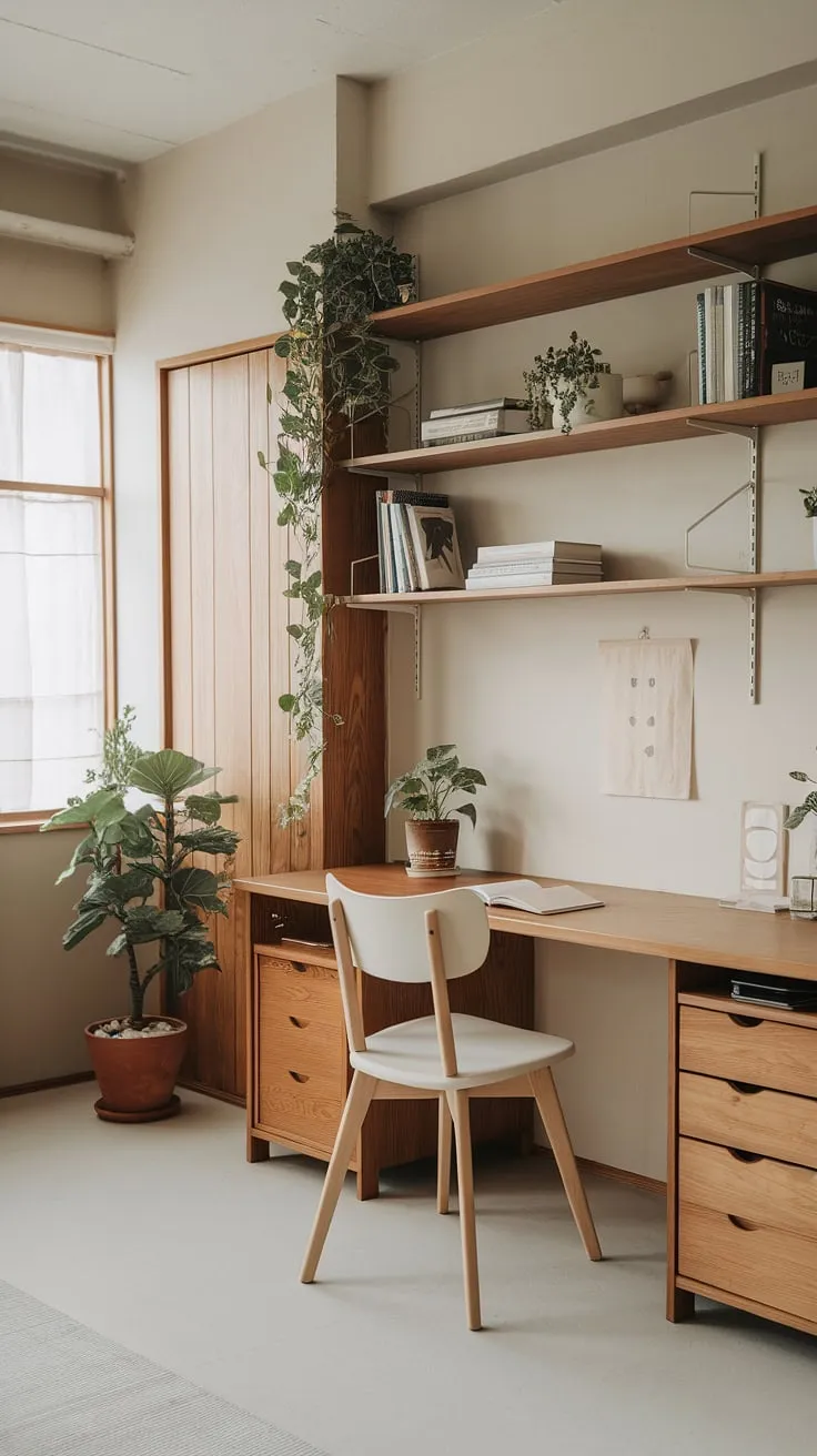 Featuring a wooden desk, light-colored walls, and lush plants, this modern home office exemplifies a functional and zen office environment perfect for productivity.