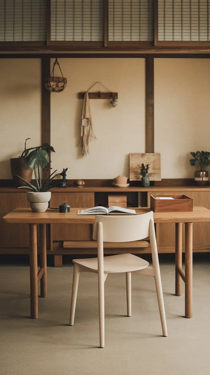 Featuring a wooden desk and light-colored chair, this japandi workspace blends Scandinavian and Japanese design elements for a functional and zen office environment.