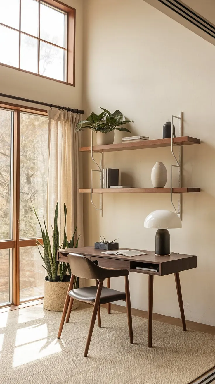 This Japandi home office showcases a warm minimalism design with natural materials, creating a cozy and clutter-free workspace that blends Japanese and Scandinavian aesthetics for a modern, functional environment.