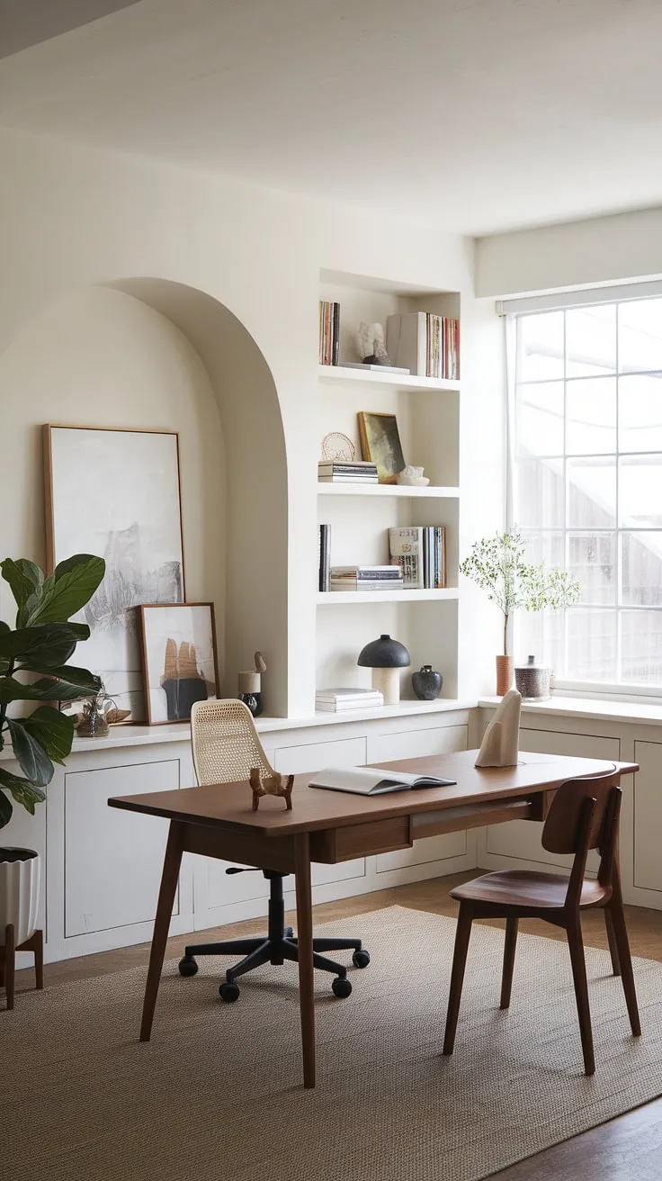 The modern japandi workspace features a functional layout with a wooden desk, ample natural light, and a harmonious blend of Scandinavian and Japanese interior elements for a zen office environment.