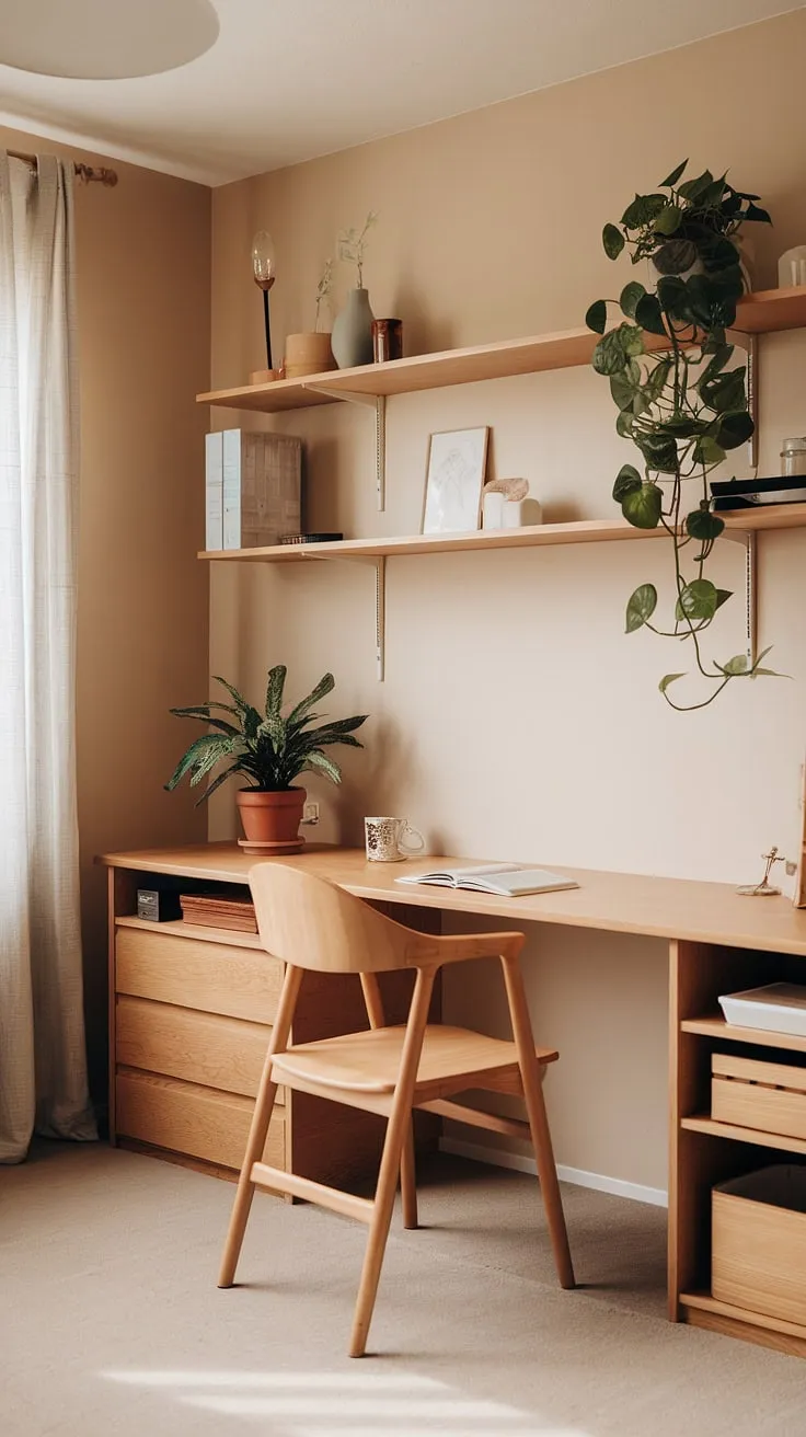 This Japandi home office combines warm minimalism and Scandinavian design with natural materials, creating a cozy, clutter-free workspace that promotes a zen office environment.