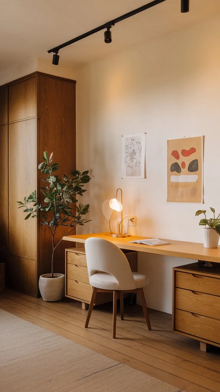 This Japandi home office showcases a minimalist design with natural materials, creating a cozy and clutter-free workspace that embodies warm minimalism and sustainable design.