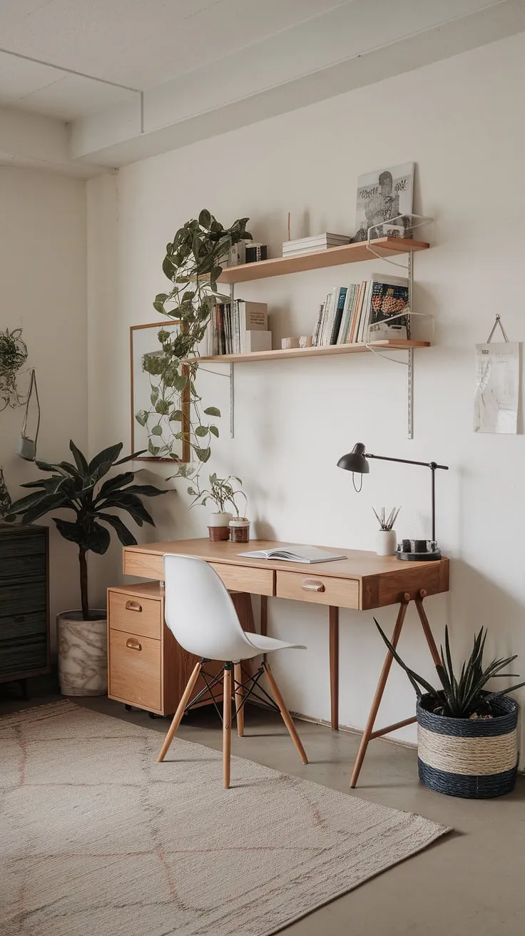 Featuring a wooden desk, white chair, and decorative shelves, this modern home office creates a zen office environment perfect for productivity and tranquility.