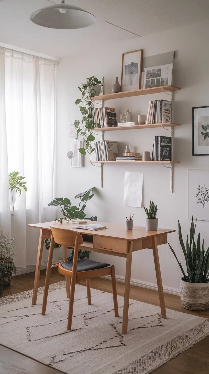 This japandi home office combines minimalist and Scandinavian design with natural materials to create a cozy, clutter-free workspace that promotes a zen office environment.