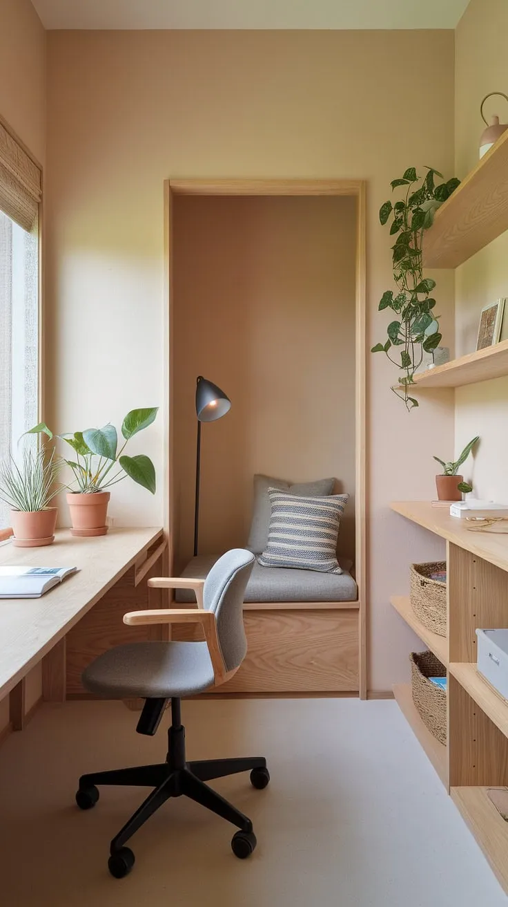 This Japandi workspace combines Japanese interior aesthetics and Scandinavian office principles, creating a functional and cozy home office with a focus on natural materials and a zen office environment.
