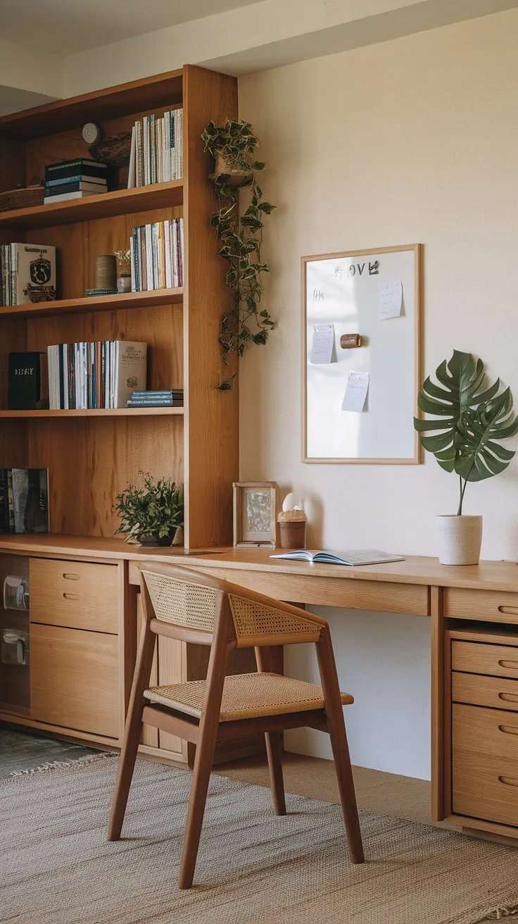 Featuring a wooden desk, a calming color palette, and functional decor, this japandi workspace exemplifies a zen office environment perfect for sustainable design enthusiasts.