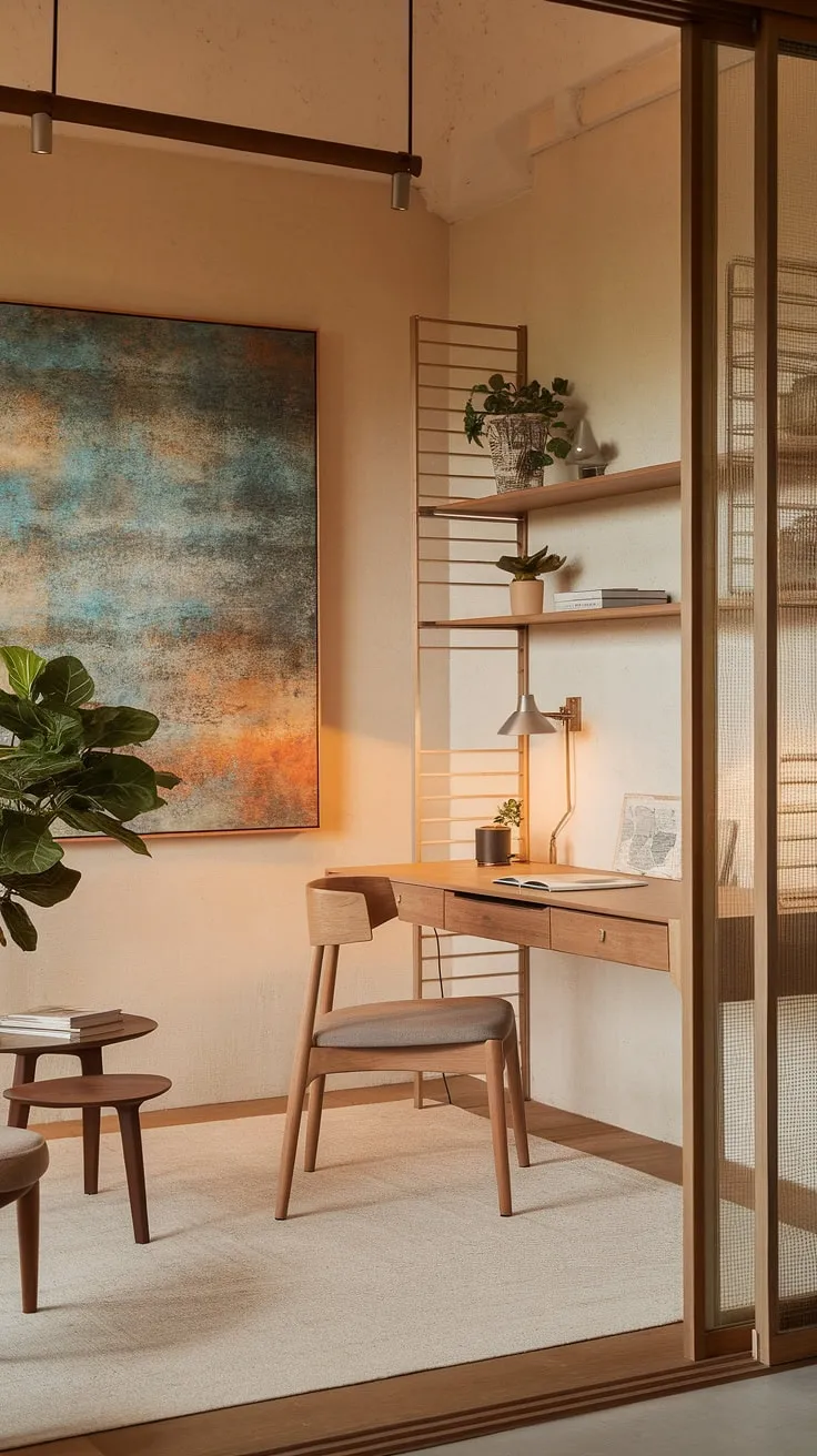 Featuring a wooden desk, a potted plant, and an abstract painting, this japandi workspace harmonizes Scandinavian and Japanese interior styles for a modern home office that promotes sustainable design and warm minimalism.