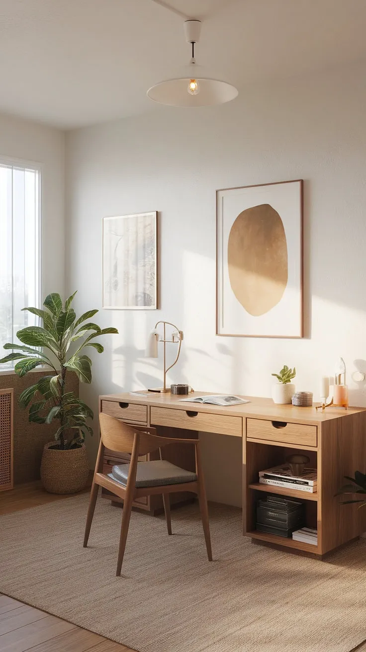 This japandi home office combines minimalist design and Scandinavian aesthetics with natural materials, creating a cozy, clutter-free workspace that promotes a zen office environment.