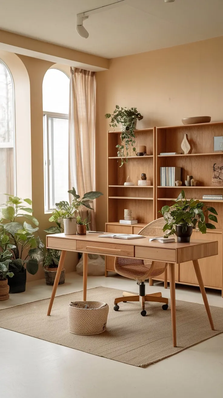 A Japandi home office blends Scandinavian and Japanese design elements, featuring natural materials and a warm minimalist aesthetic for a cozy, clutter-free workspace.
