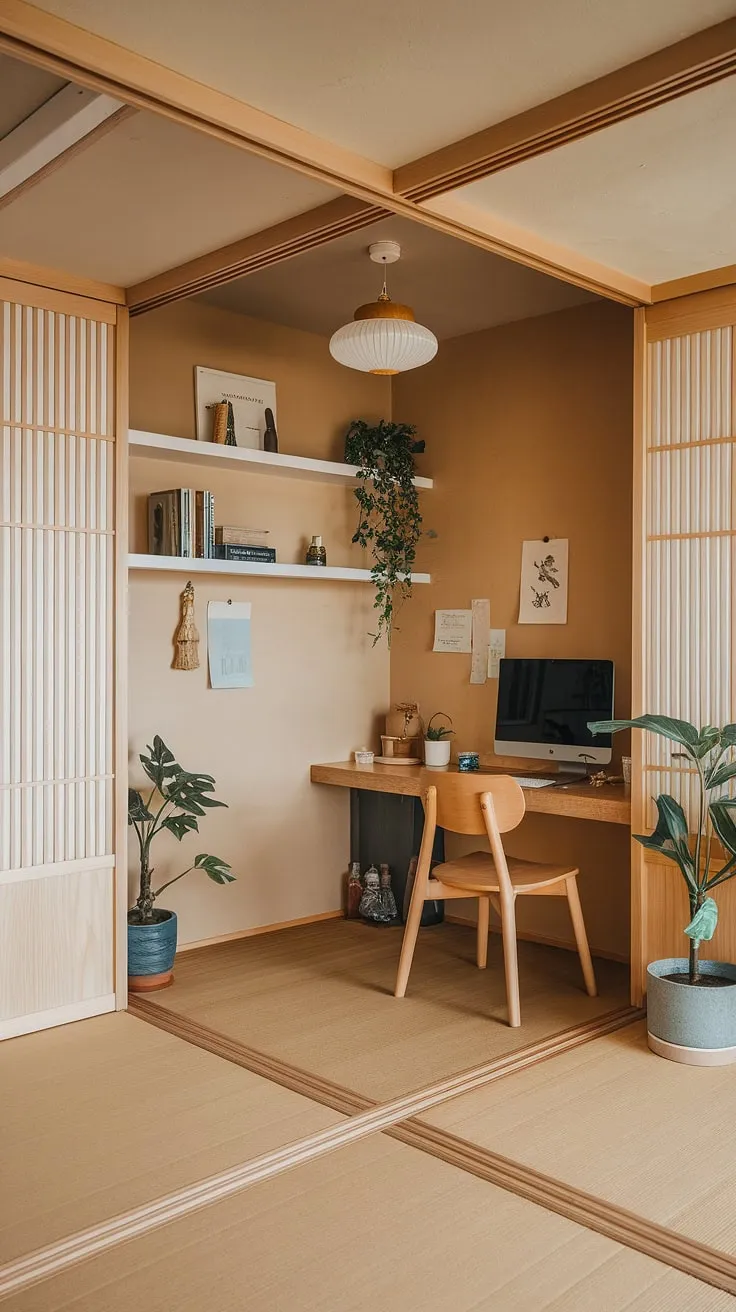 The modern japandi workspace showcases a functional design with sustainable elements, creating a zen office environment that promotes productivity and tranquility.