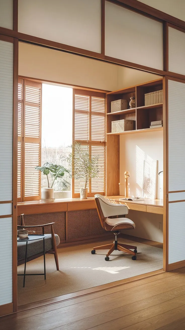 Featuring a harmonious blend of Scandinavian and Japanese interior styles, this modern home office offers a functional workspace bathed in natural light, perfect for sustainable design enthusiasts.