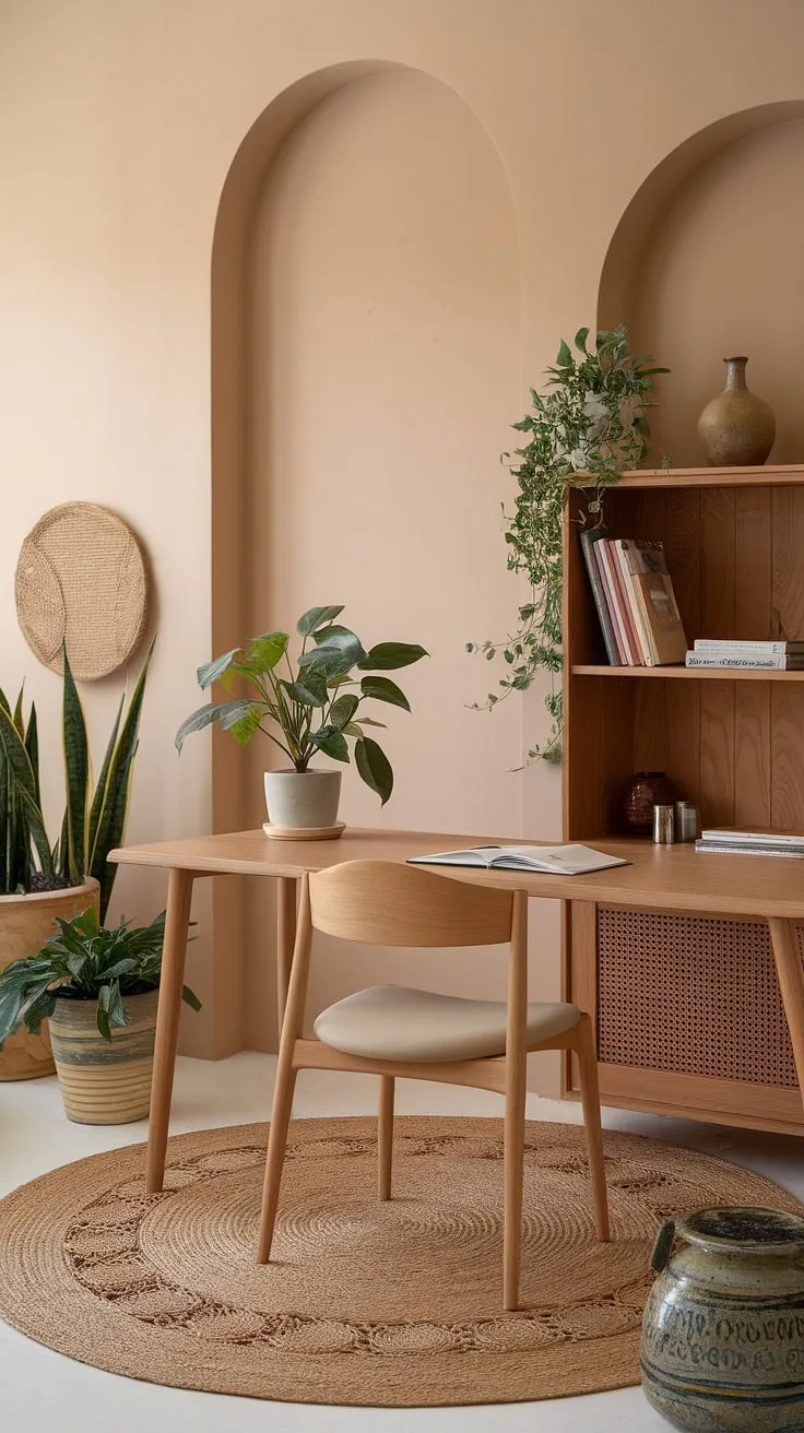 A Japandi home office showcases a cozy, clutter-free workspace with natural materials, warm minimalism, and functional design, blending Scandinavian and Japanese interior aesthetics.