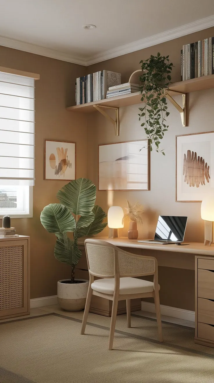 This Japandi home office combines minimalist and Scandinavian design with Japanese interior elements, creating a cozy, clutter-free workspace that emphasizes natural materials and sustainable design for a warm, functional environment.
