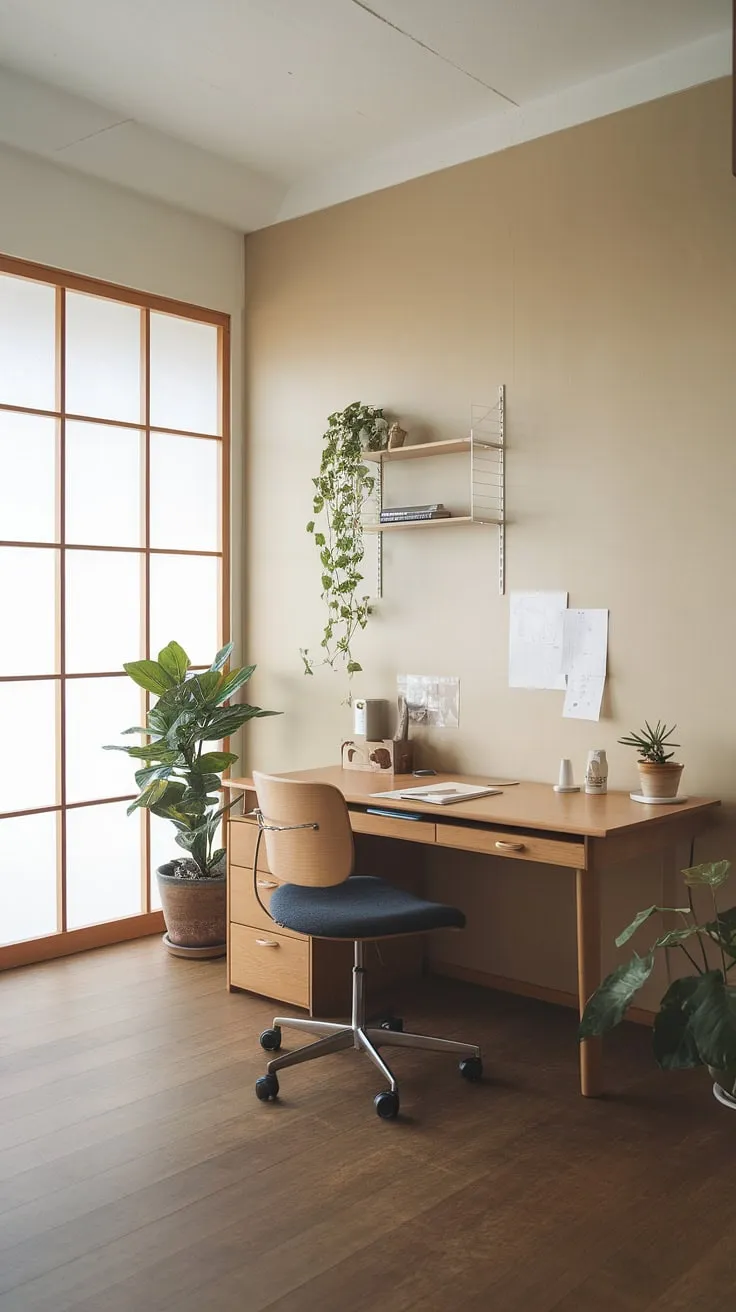 The japandi workspace features a harmonious blend of Japanese and Scandinavian design elements, offering a functional and zen office environment filled with natural light and wooden accents.