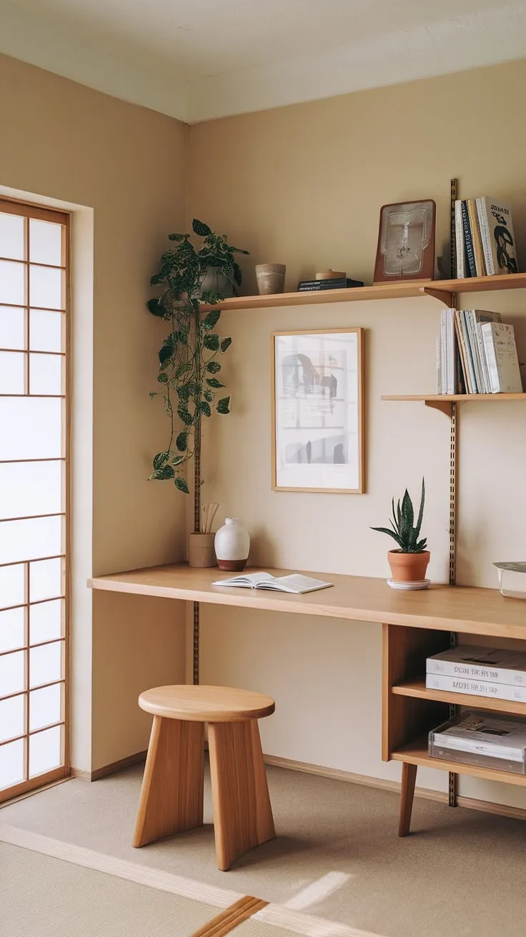 This japandi home office features a minimalist design with natural materials, creating a cozy and clutter-free workspace that embodies warm minimalism and sustainable design.