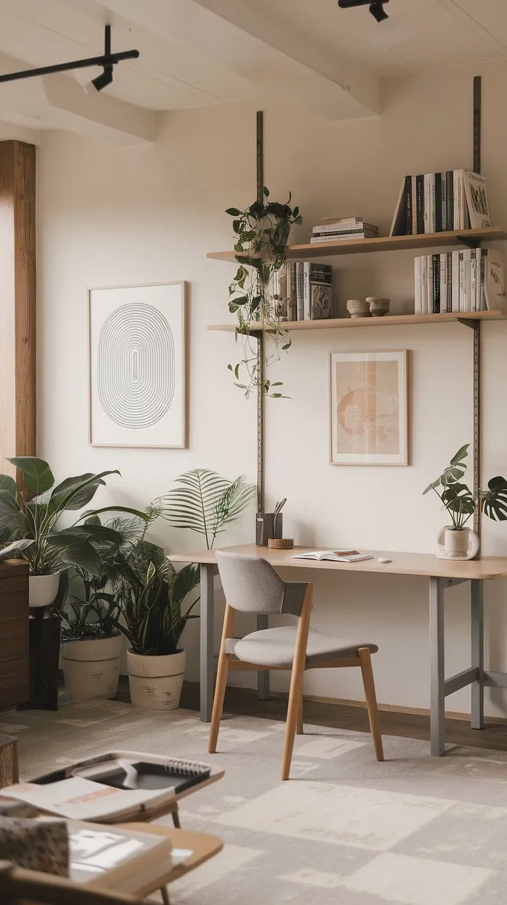 Featuring a harmonious blend of Scandinavian and Japanese interior styles, this modern home office offers a functional workspace enriched with wooden elements and plants for a zen office environment.
